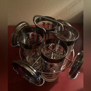 60s KIMIKO Set of Four Glasses with Coasters and Caddy